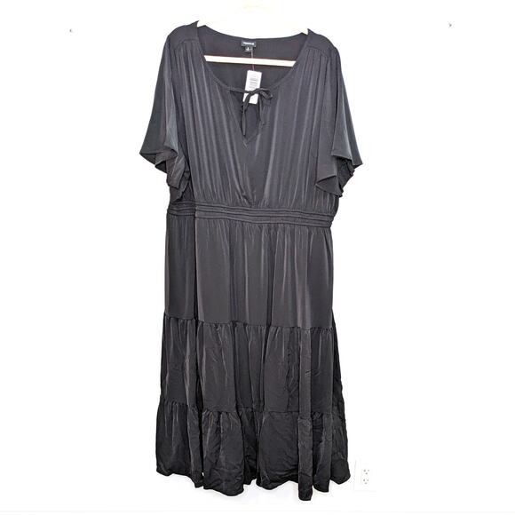 New Torrid Womens 3X Dress Tea Length Studio Crepe De Chine Tie Neck Tiered Midi - Picture 4 of 9